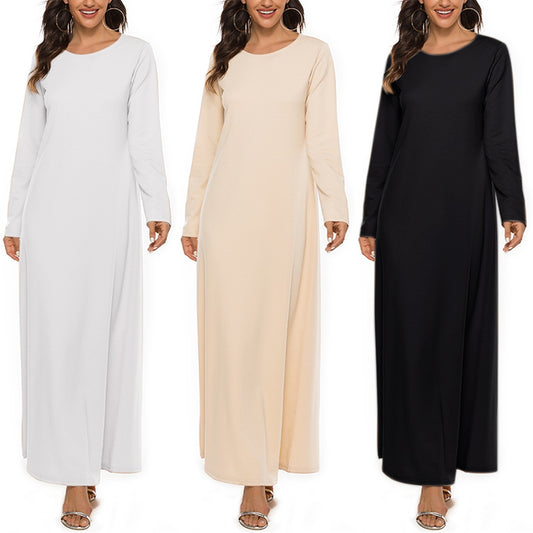 Cotton Plain Muslim Abaya Inner Long Dress - Cardigan Dubai Abaya Spring Autumn with belt